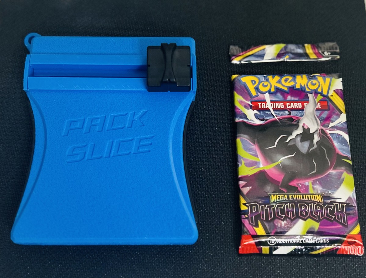 PackSlice beside a Pokémon booster pack with its top strip sliced cleanly off
