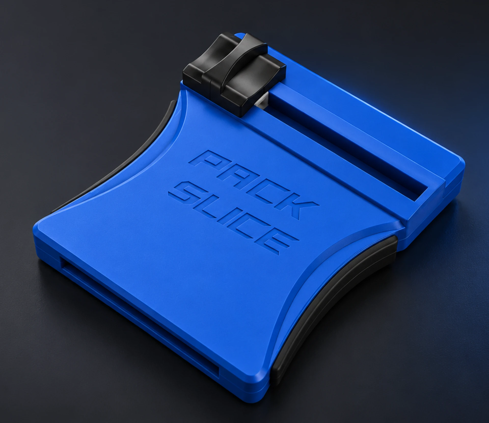 Blue PackSlice pack opening tool with a black slider and embossed Pack Slice branding